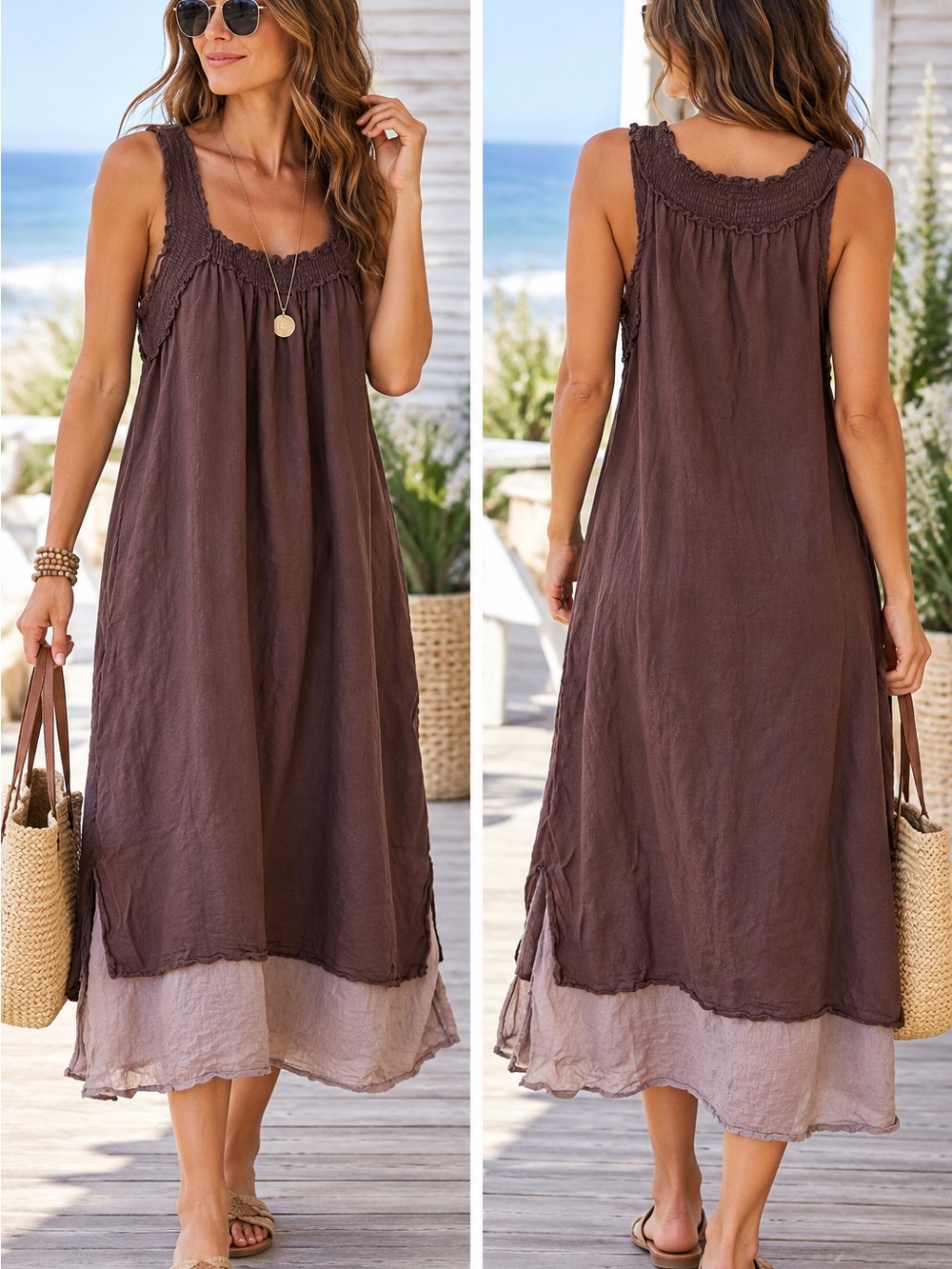 Sleeveless Brown Maxi Dress with Layered Hem